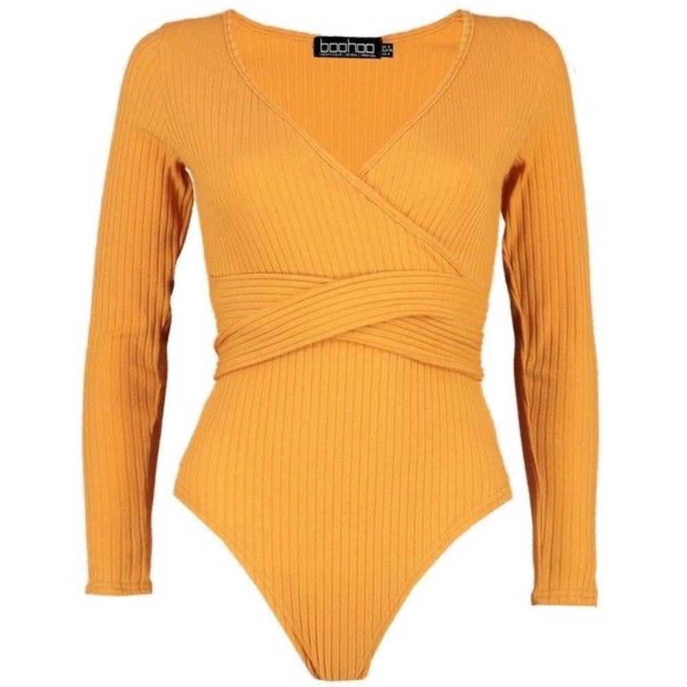 Petite Knitted Wrap Bodysuit in color Amber - Picture 2 of 8